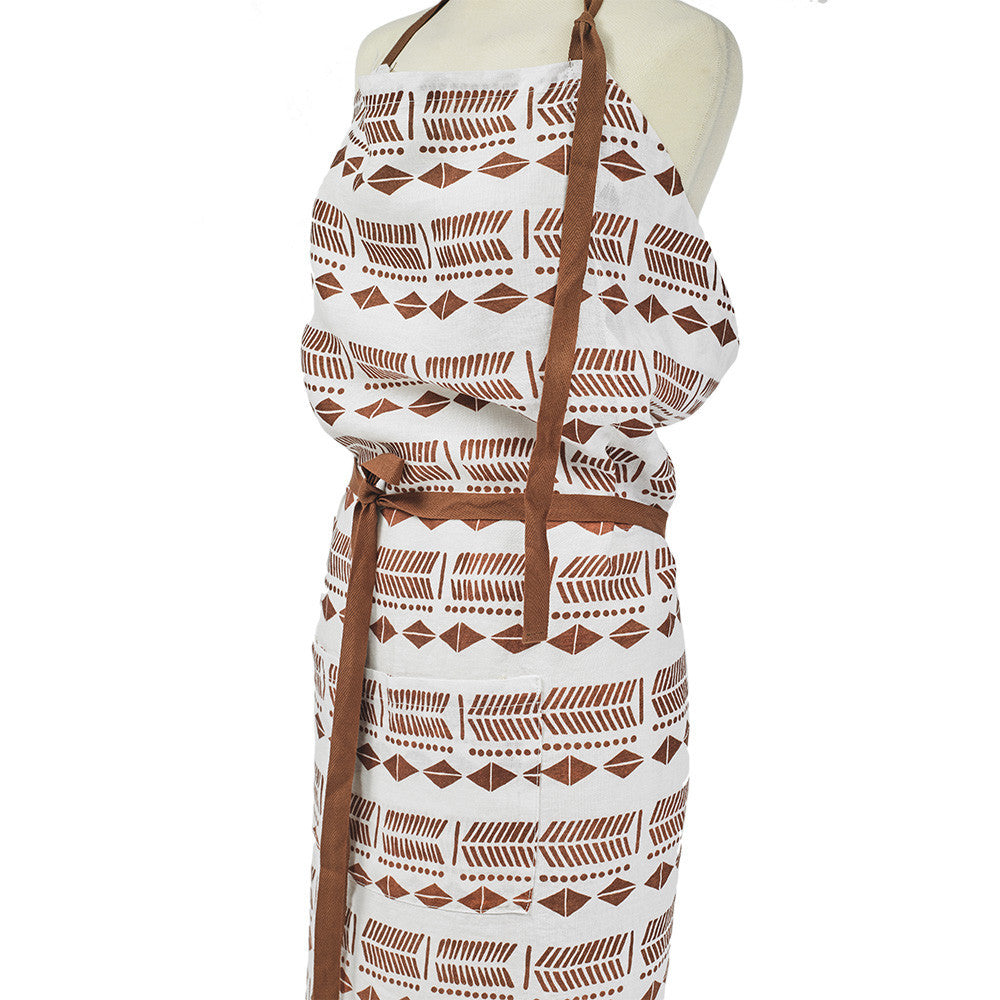 APRON · PURE WASHED LINEN · NDEBELE MOTIF WHITE/TERRACOTTA