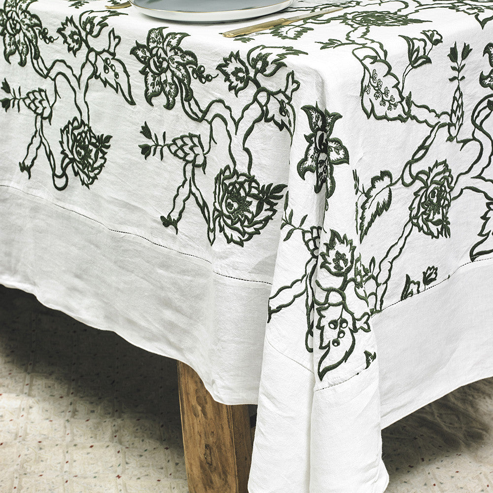 EMBROIDERED TABLECLOTH · PURE WASHED LINEN · PAISLEY MOTIF · GREEN