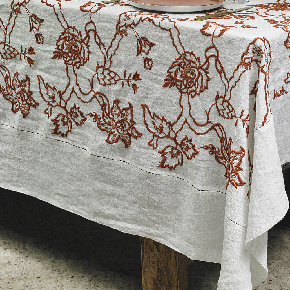 EMBROIDERED TABLECLOTH · PURE WASHED LINEN · PAISLEY MOTIF · IVORY/ORANGE