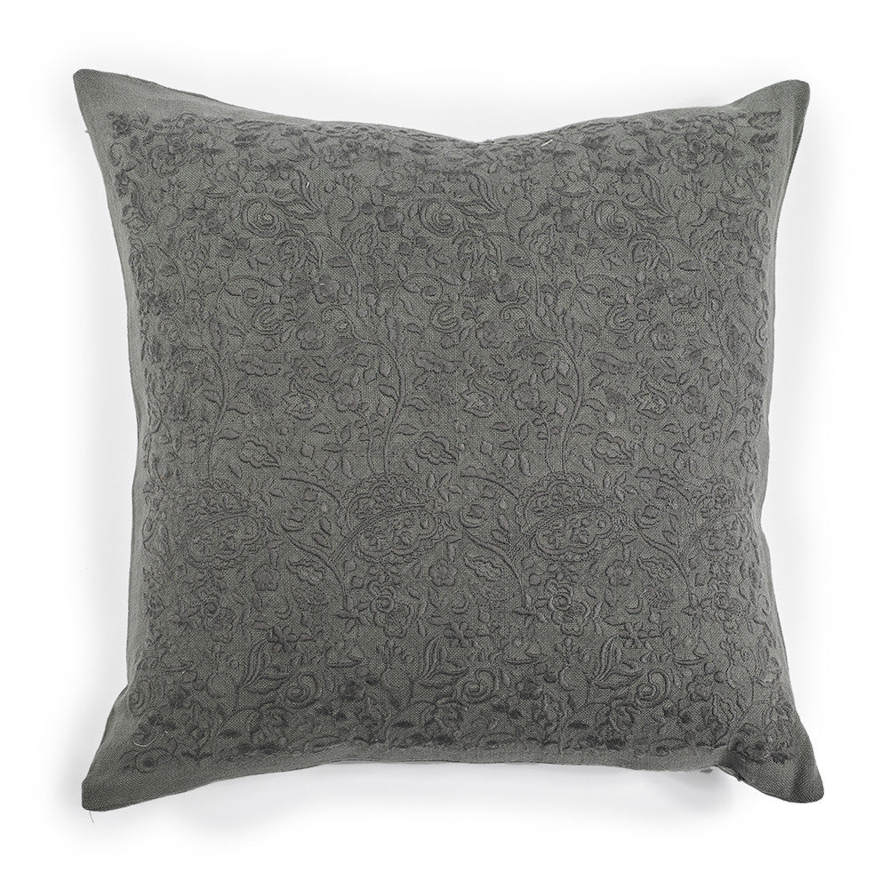 PAISLEY EMBROIDERED CUSHION COVER · PURE WASHED LINEN · LEAD GREY