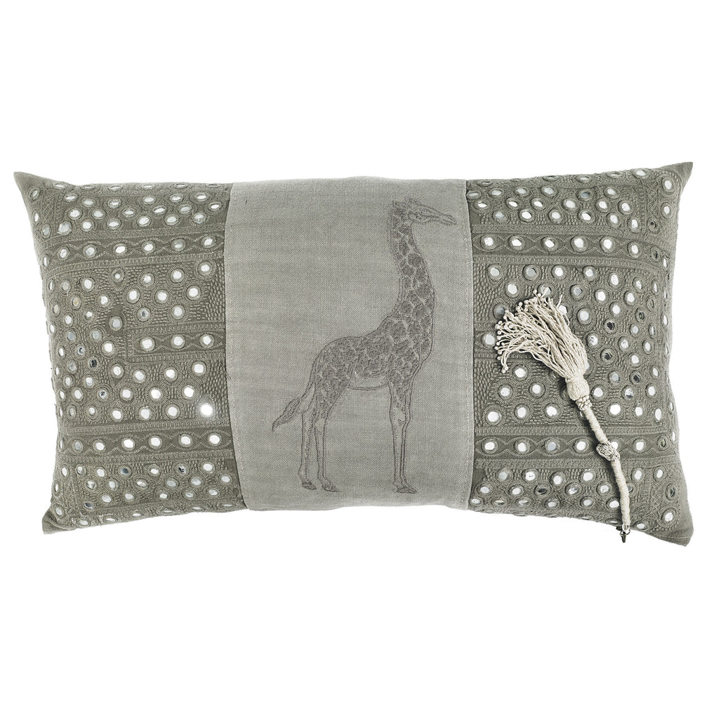 SWAHILI GIRAFFE EMBROIDERED CUSHION COVER · PURE WASHED LINEN · KHAKI