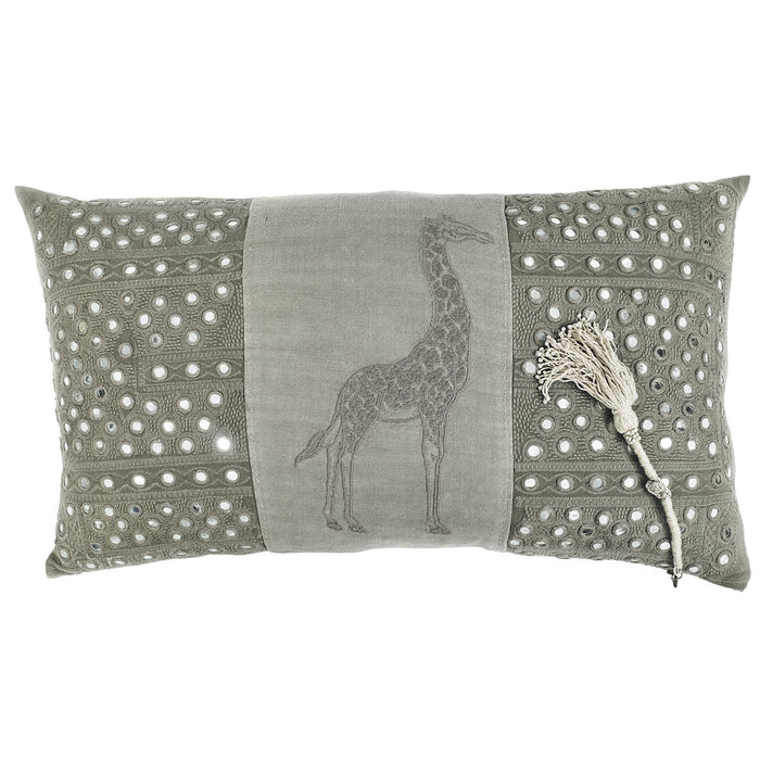 SWAHILI GIRAFFE EMBROIDERED CUSHION COVER · PURE WASHED LINEN · KHAKI