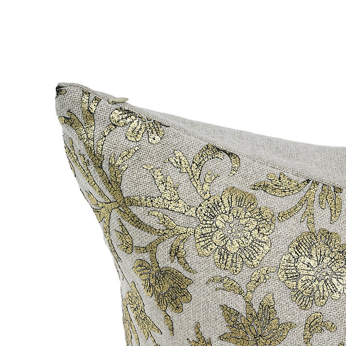 CUSHION COVER · PURE WASHED LINEN · DAHAB MOTIF · LIGHT GREY/GOLD