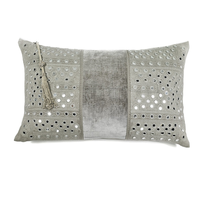 SWAHILI EMBROIDERED CUSHION COVER · LINEN AND VELVET  · GREY