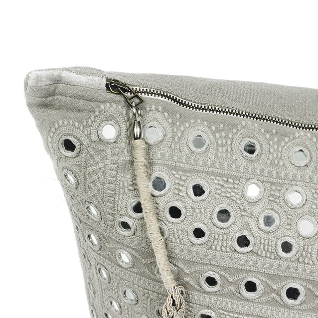 SWAHILI EMBROIDERED CUSHION COVER · LINEN AND VELVET  · GREY