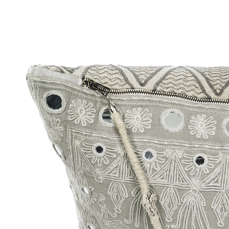 SWAHILI AND KENYA EMBROIDERED CUSHION COVER · LINEN AND VELVET · GREY