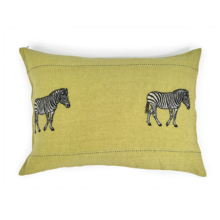 ZEBRA EMBROIDERED CUSHION COVER · PURE WASHED LINEN · LIME