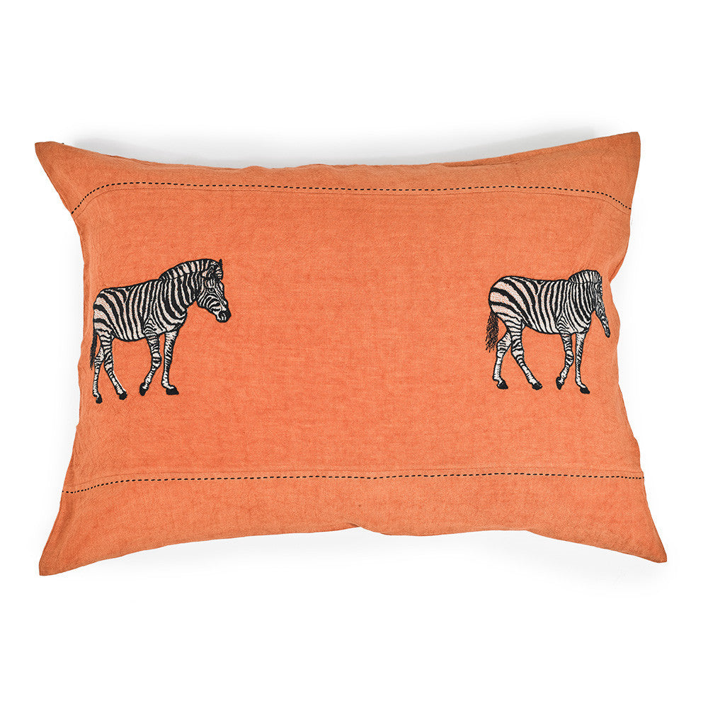 ZEBRA EMBROIDERED CUSHION COVER · PURE WASHED LINEN · ORANGE