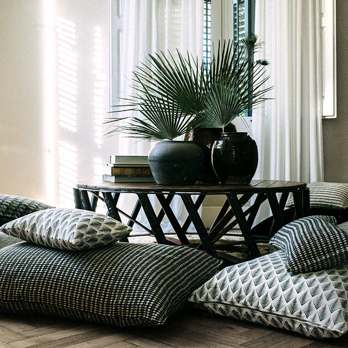 FLOOR CUSHION · PURE WASHED LINEN · BLACK KALAHARI MOTIF